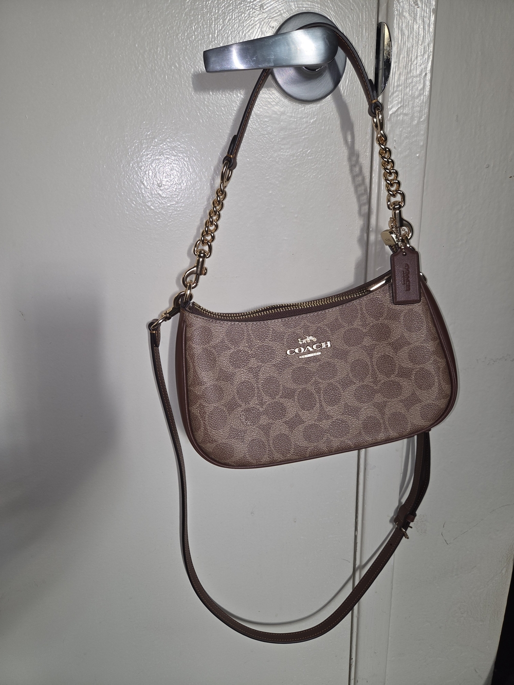 Coach Signature Jacquard Crossbody in Brown and Tan